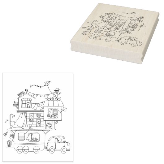 Familie Camping Trailer Kleurplaat Rubberstempel (Gestempeld)