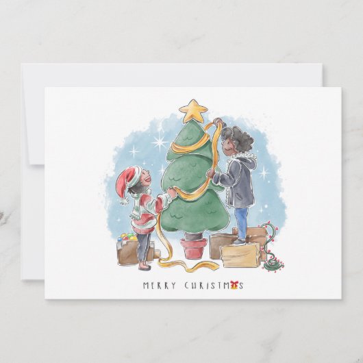 Familie Decoreren Kerstboom Vakantie Kaart (Voorkant)