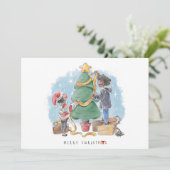 Familie Decoreren Kerstboom Vakantie Kaart (Staand voorkant)