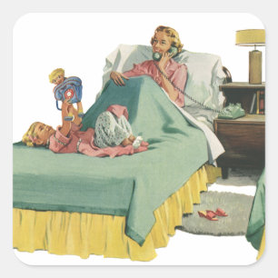  familie die mama ontbijt in bed vierkante sticker