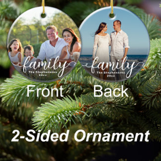 Familie Elegante Script Overlay Dubbelzijdige foto Keramisch Ornament