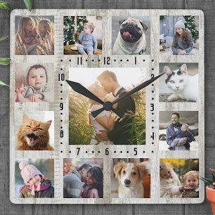 Familie Foto Collage 13 Pics Rustic Farmhouse Wood Vierkante Klok