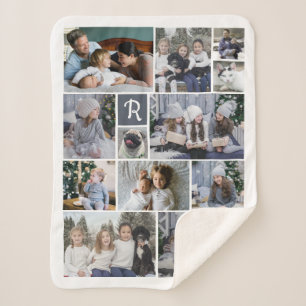 Familie Foto Collage 14 Pics + Monogram White Easy Sherpa Deken