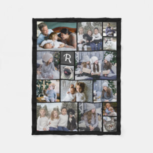 Familie Foto Collage 14 Pics + Monogram zwart Gema Fleece Deken