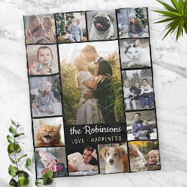 Familie Foto Collage 15 Afbeeldingen + Naam Black  Fleece Deken