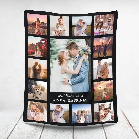 Familie Foto Collage 15 Afbeeldingen + Naam Black Fleece Deken