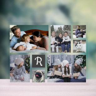 Familie Foto Collage 7 Pics + Monogram White Easy Acryl Bord