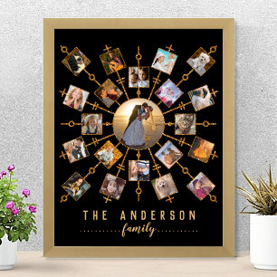 Familie Foto Collage Black Gold + Naam 21 Afbeeldi Poster