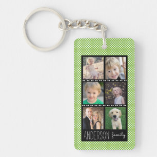 Familie Foto Collage Green White Stippen - Aangepa Sleutelhanger