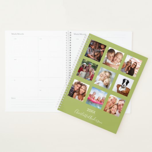Familie foto collage groene naam script 2023 planner (Display)