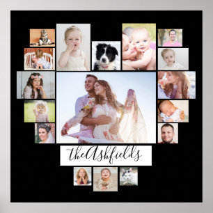Familie foto Collage Hart 17 foto's zwart 24x24 Poster