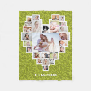 Familie Foto Collage Heart Floral Green 25 Pic DIY Fleece Deken