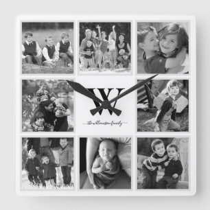 Familie Foto Collage Monogram Black en White Vierkante Klok