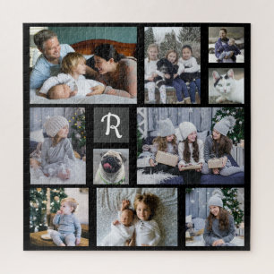 Familie Foto Collage Monogrammed Black 10 Afbeeldi Legpuzzel