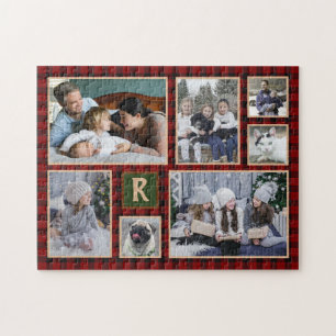 Familie Foto Collage Monogrammed Red Buffalo Pset Legpuzzel