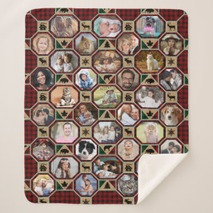 Familie Foto Collage Red Black Buffalo Pset Quilt Sherpa Deken