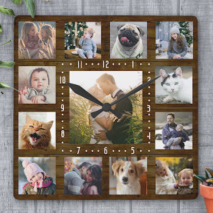 Familie Foto Collage Rustic Farmhouse Wood 13 Pics Vierkante Klok