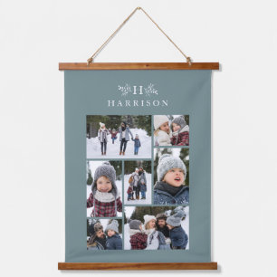 Familie foto collage rustiek monogram zacht blauwg hangend wandkleed