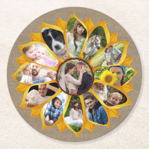 Familie Foto Collage Sunflower Burlap 13 Pics Easy Ronde Kartonnen Onderzetter