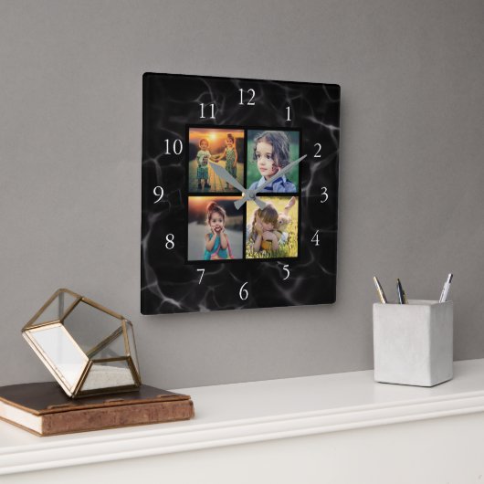 Familie foto collage zwart marmeren patroon vierkante klok (Kantoor)