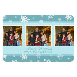 Familie Foto Kerstmagneet Blauwgroen Wit Sneeuw Magneet