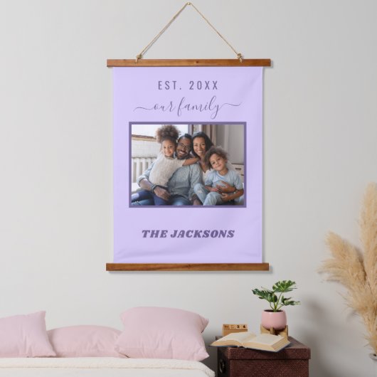 Familie foto lavendel violet naam script hangend wandkleed (Slaapkamer)
