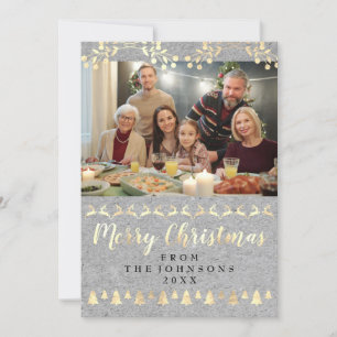 Familie Foto Merry Kerstmis Gold Kraft Gray Feestdagenkaart
