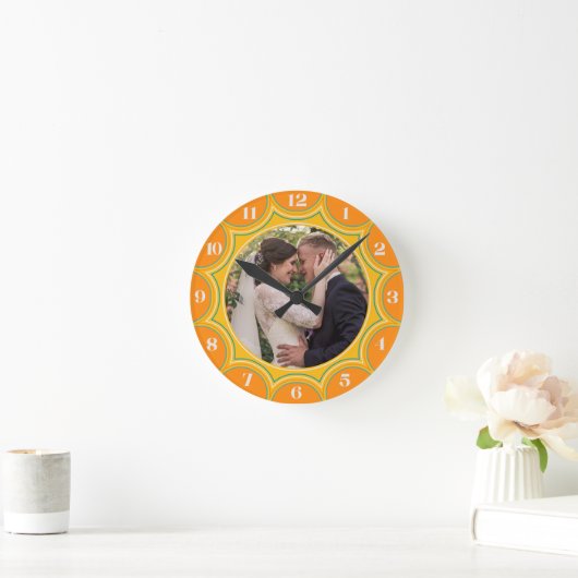 Familie Foto Modern Sinaasappel Sunburst gepersona Ronde Klok (Huis)