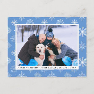 Familie Foto Vrolijk Kerstmis Sneeuwvlokken Blauw Feestdagenkaart