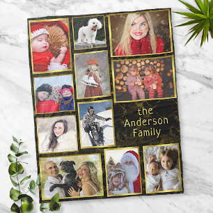 Familie Fotocollage 11 Pic Zwart Marmer Goud Gemak Fleece Deken