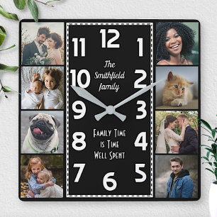 Familie Fotocollage Zwart en Wit Art Deco Eenvoudi Vierkante Klok