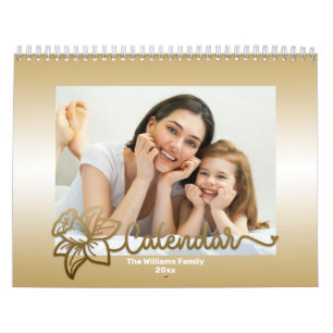Familie fotokalender, bewerkbare gouden bloem kalender