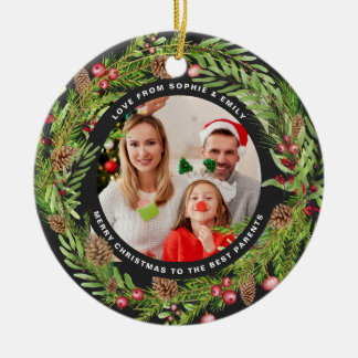 Familie gebladerte krans foto Kerstmis zwart Keramisch Ornament