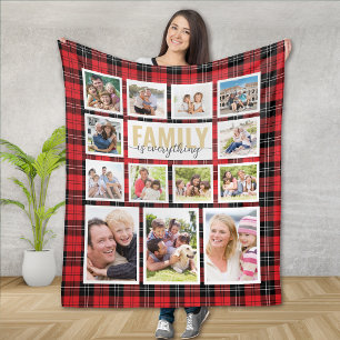 Familie is alles rood zwart geruite fotocollage fleece deken