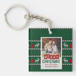 Familie Kerstkaart met Gebreide Trui Sleutelhanger