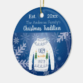 Familie kerstlelijke zweten blauw wit monogram keramisch ornament (Links)