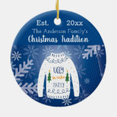 Familie kerstlelijke zweten blauw wit monogram keramisch ornament (Achterkant)