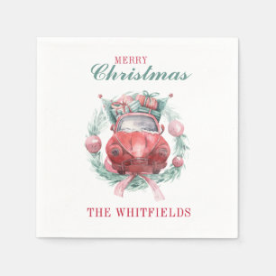 Familie kerstmis met rode auto die op vakantie is servet