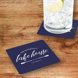 Familie Lake House Kust Nautische Marine Blauwe ro Vierkante Kartonnen Onderzetter