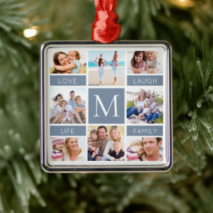 Familie Monogram Fotocollage Dusty Blue Metalen Ornament