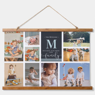 Familie Monogram   Moderne Kleurenblok Foto Collag Hangend Wandkleed