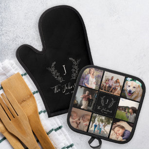 Familie monogram naam multi fotocollage zwart ovenwant & pannenlap set