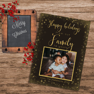 Familie naar uw foto Gold Snowflakes Happy Feestdagenkaart