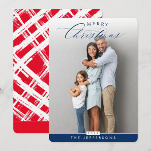 FAMILIE PHOTO portret modern kalligrafieblauw Feestdagenkaart