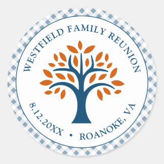 Familie Reünie Blauwe Check Modern Familie Stamboo Ronde Sticker