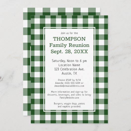 Familie Reunion Green White Buffalo Check Party Kaart (Voorkant / Achterkant)