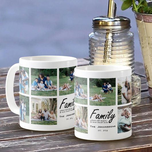 Familie Script Zwart Quote Foto Collage Keepsake Koffiemok