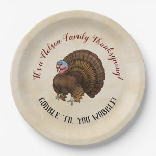 Familie Thanksgiving "Gobble "til you wobble!" Papieren Bordje