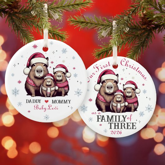 Familie van 3 Capybara Snowflake Eerste Kerstdag Keramisch Ornament
