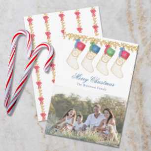 Familie van 4 - Waterverf Monogram Kousen Foto Feestdagenkaart
